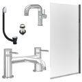 Chrome Side Lever Basin Mixer Tap, Bath Filler with Unslotted Basin and Bath Waste and Edge Bath Screen