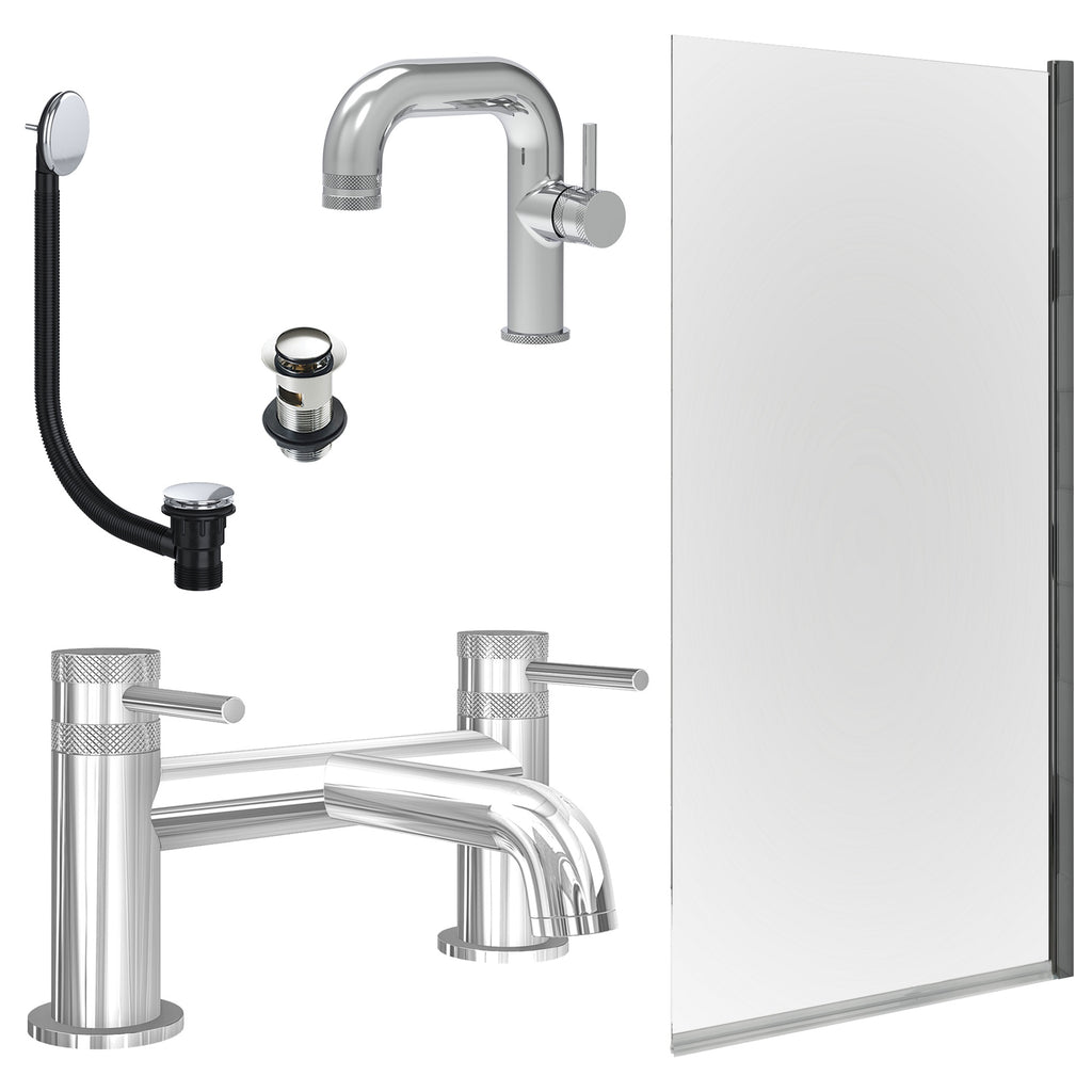 Chrome Side Lever Basin Mixer Tap, Bath Filler with Slotted Basin and Bath Waste and Edge Bath Screen