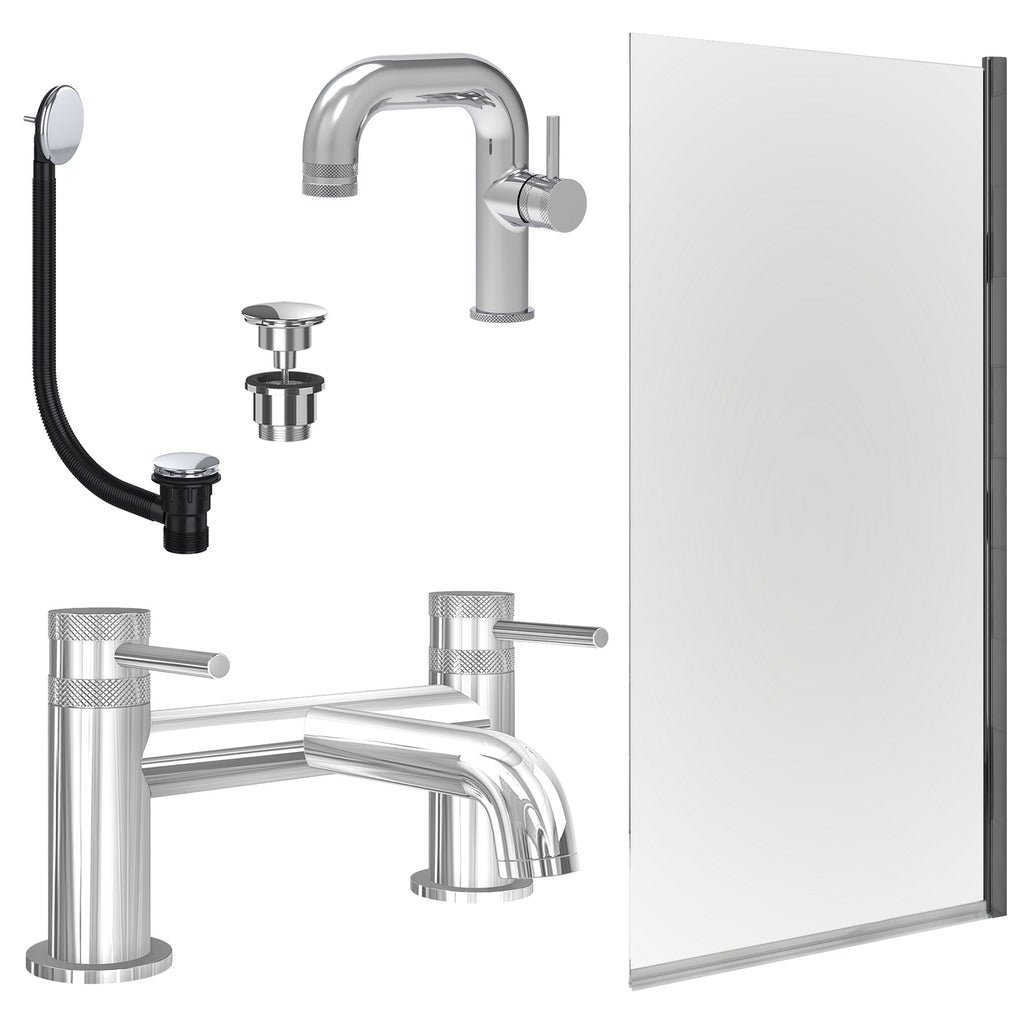 Chrome Side Lever Basin Mixer Tap, Bath Filler with Universal Basin and Bath Waste and Edge Bath Screen