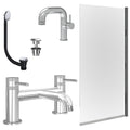 Chrome Side Lever Basin Mixer Tap, Bath Filler with Universal Basin and Bath Waste and Edge Bath Screen