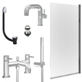 Chrome Side Lever Basin Mixer Tap, Bath Shower Mixer with Unslotted Basin and Bath Waste and Edge Bath Screen