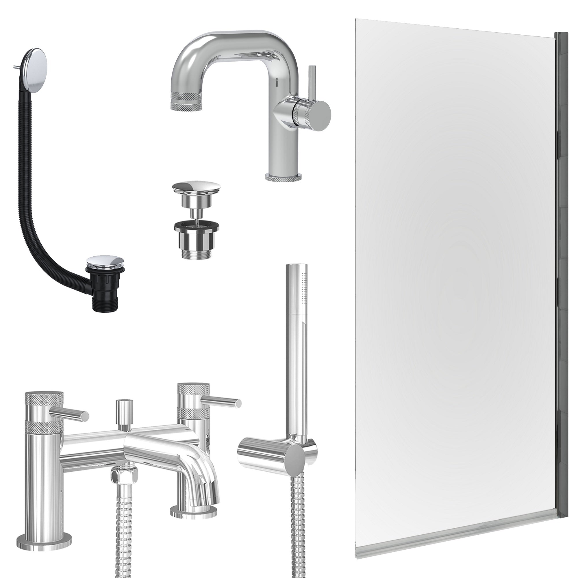 Chrome Side Lever Basin Mixer Tap, Bath Shower Mixer with Universal Basin and Bath Waste and Edge Bath Screen