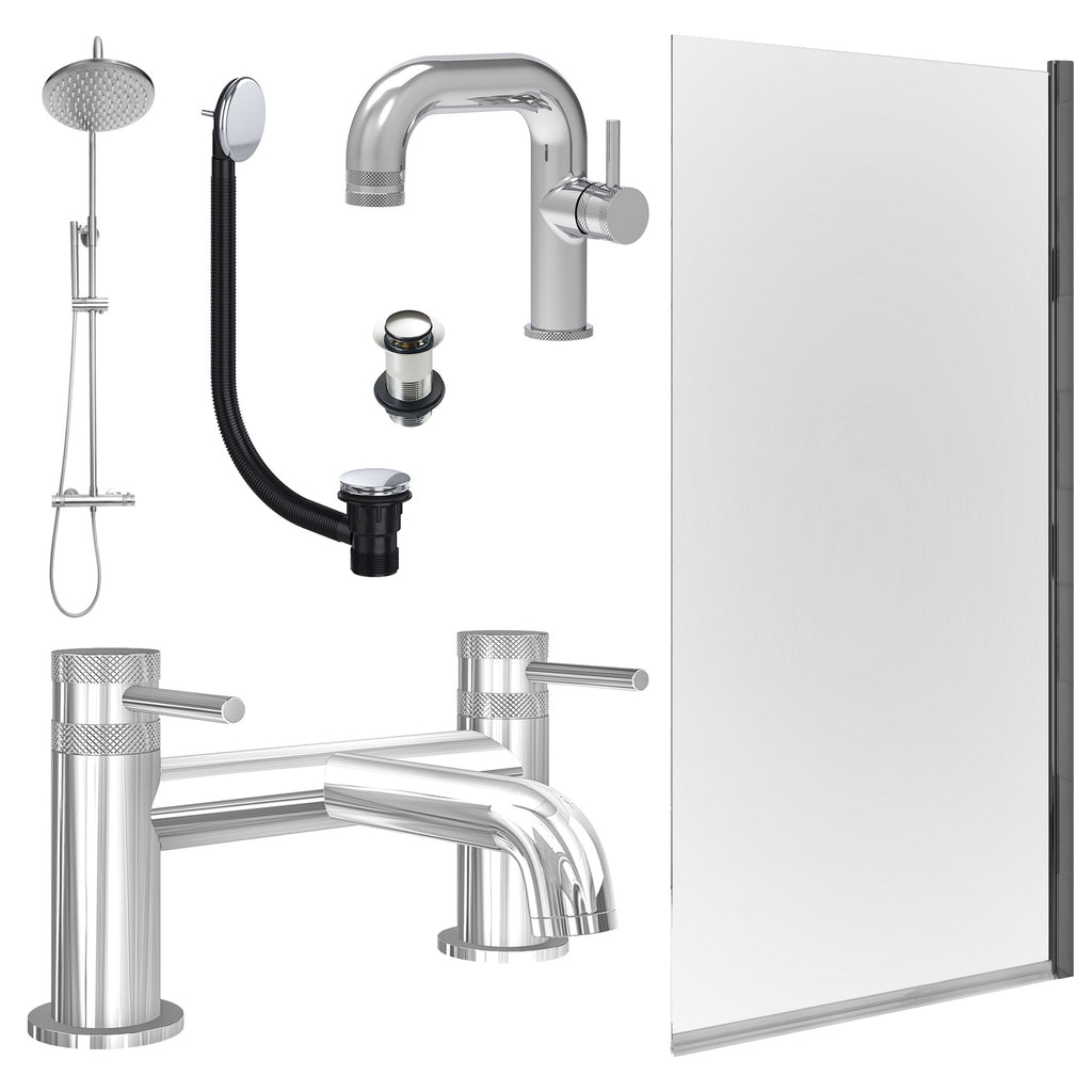 Chrome Side Lever Basin Mixer Tap, Bath Filler and Rigid Shower with Unslotted Basin and Bath Waste and Edge Bath Screen