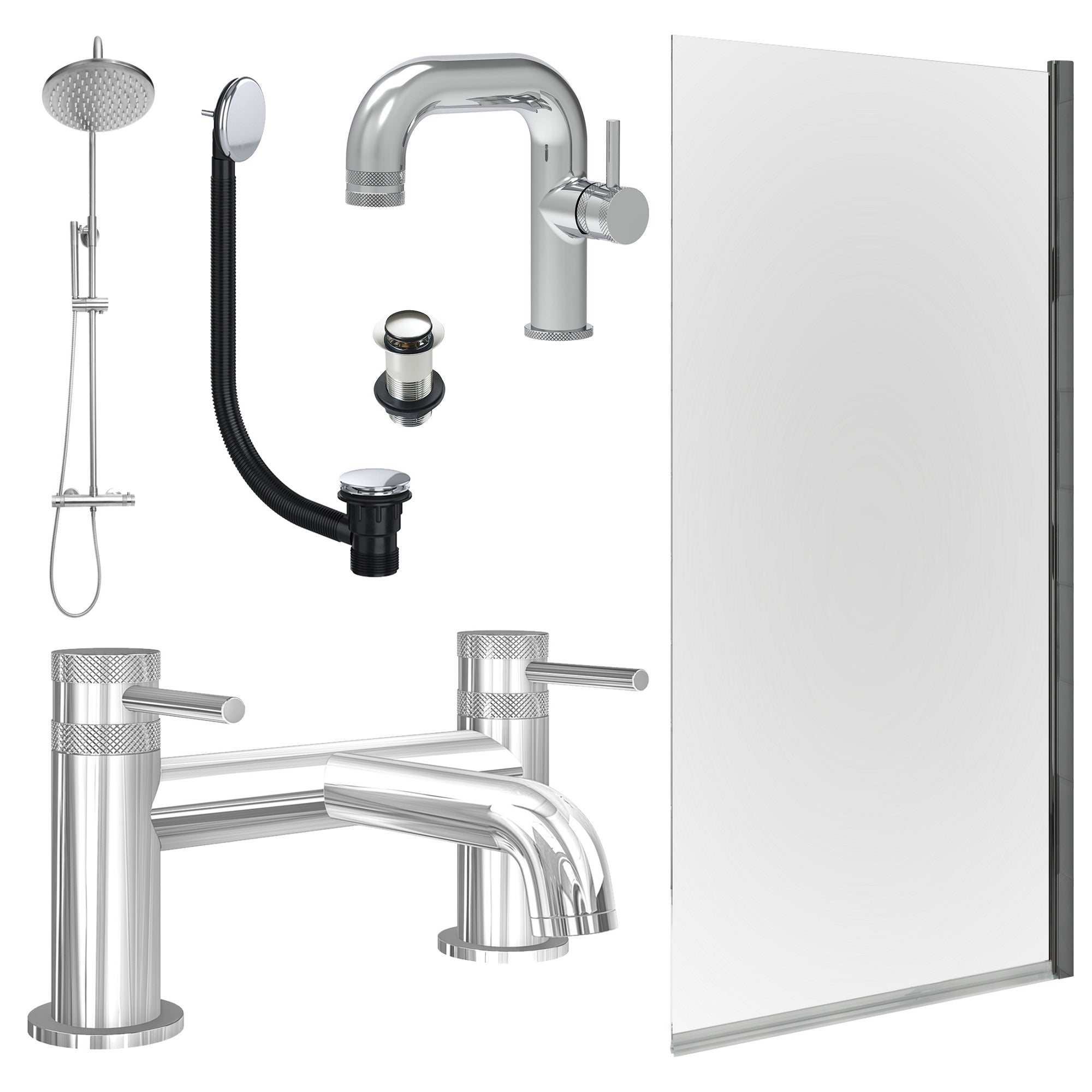 Chrome Side Lever Basin Mixer Tap, Bath Filler and Rigid Shower with Unslotted Basin and Bath Waste and Edge Bath Screen