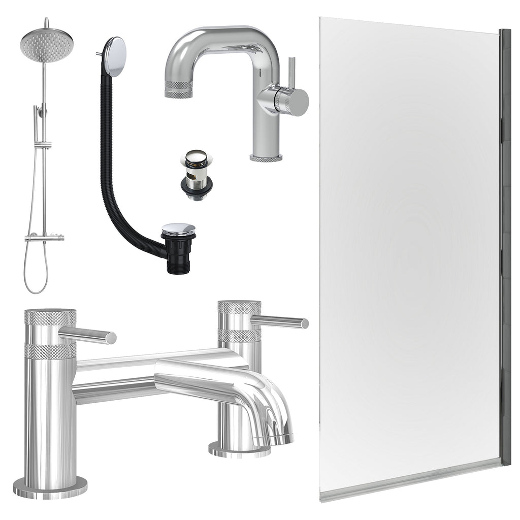 Chrome Side Lever Basin Mixer Tap, Bath Filler and Rigid Shower with Slotted Basin and Bath Waste and Edge Bath Screen