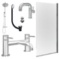 Chrome Side Lever Basin Mixer Tap, Bath Filler and Rigid Shower with Slotted Basin and Bath Waste and Edge Bath Screen