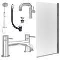 Chrome Side Lever Basin Mixer Tap, Bath Filler and Rigid Shower with Universal Basin and Bath Waste and Edge Bath Screen