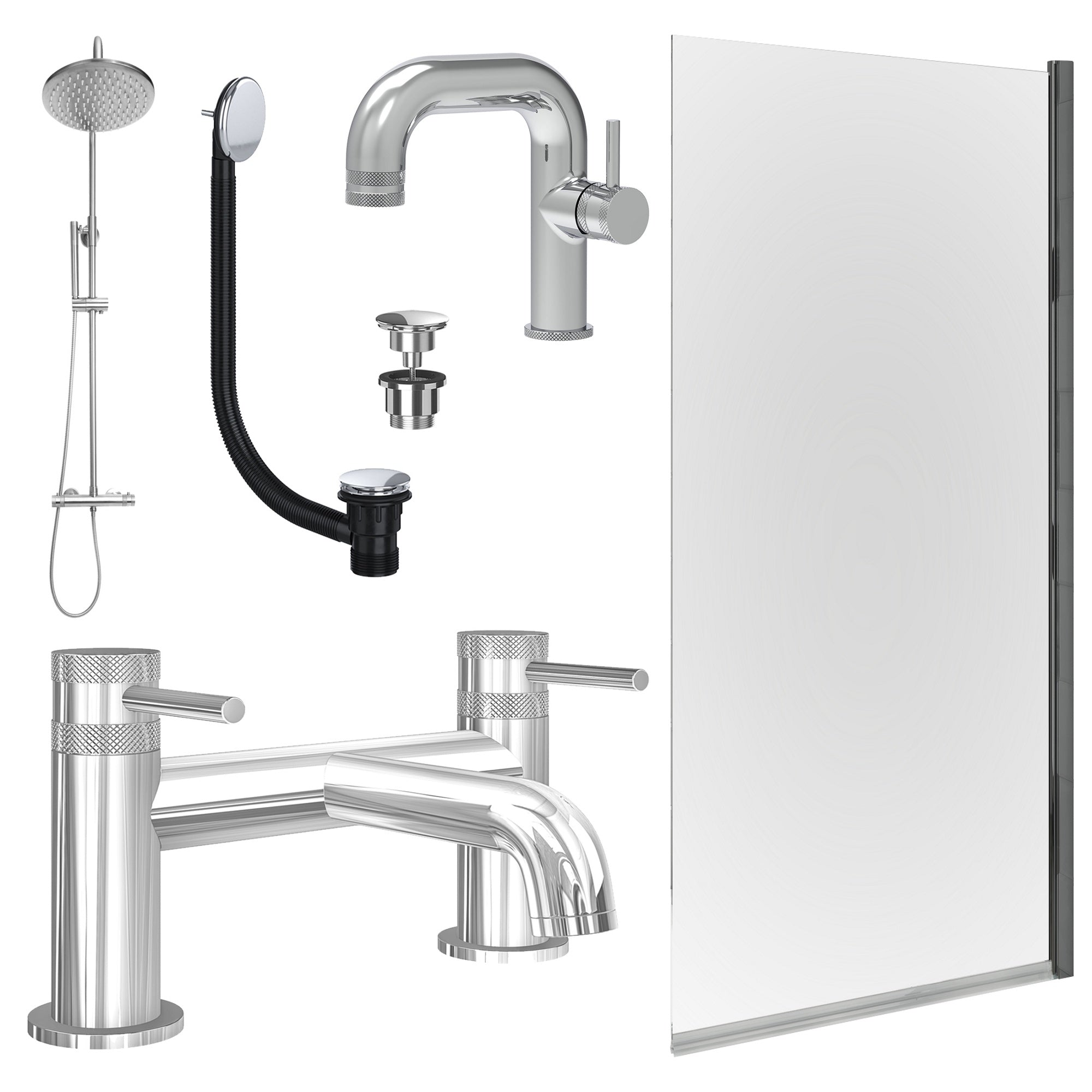 Chrome Side Lever Basin Mixer Tap, Bath Filler and Rigid Shower with Universal Basin and Bath Waste and Edge Bath Screen