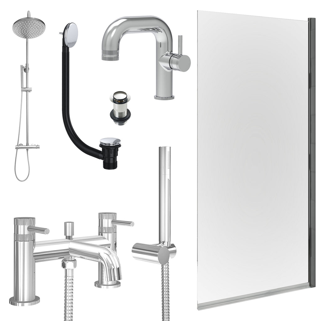 Chrome Side Lever Basin Mixer Tap, Bath Shower Mixer and Rigid Shower with Unslotted Basin and Bath Waste and Edge Bath Screen