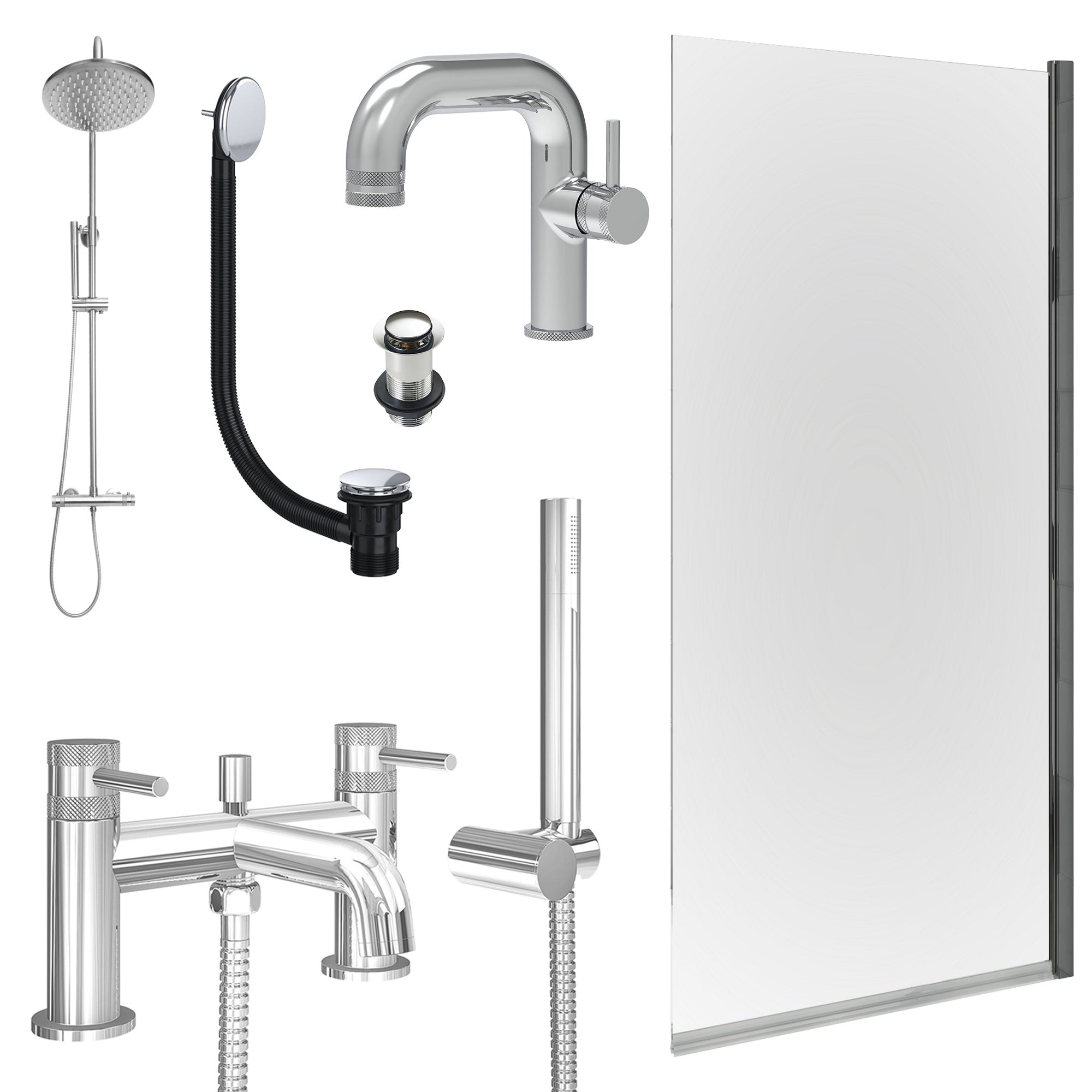 Chrome Side Lever Basin Mixer Tap, Bath Shower Mixer and Rigid Shower with Unslotted Basin and Bath Waste and Edge Bath Screen