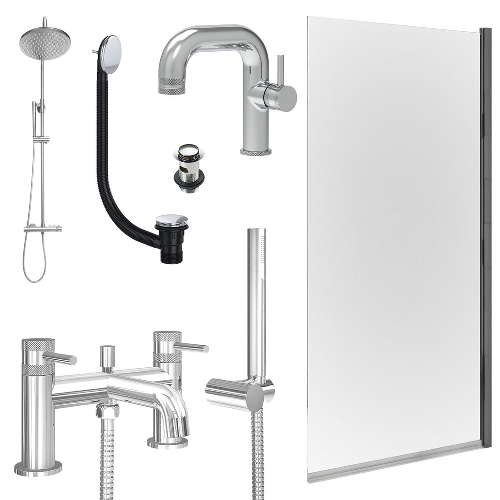 Chrome Side Lever Basin Mixer Tap, Bath Shower Mixer and Rigid Shower with Slotted Basin and Bath Waste and Edge Bath Screen