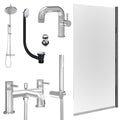 Chrome Side Lever Basin Mixer Tap, Bath Shower Mixer and Rigid Shower with Slotted Basin and Bath Waste and Edge Bath Screen