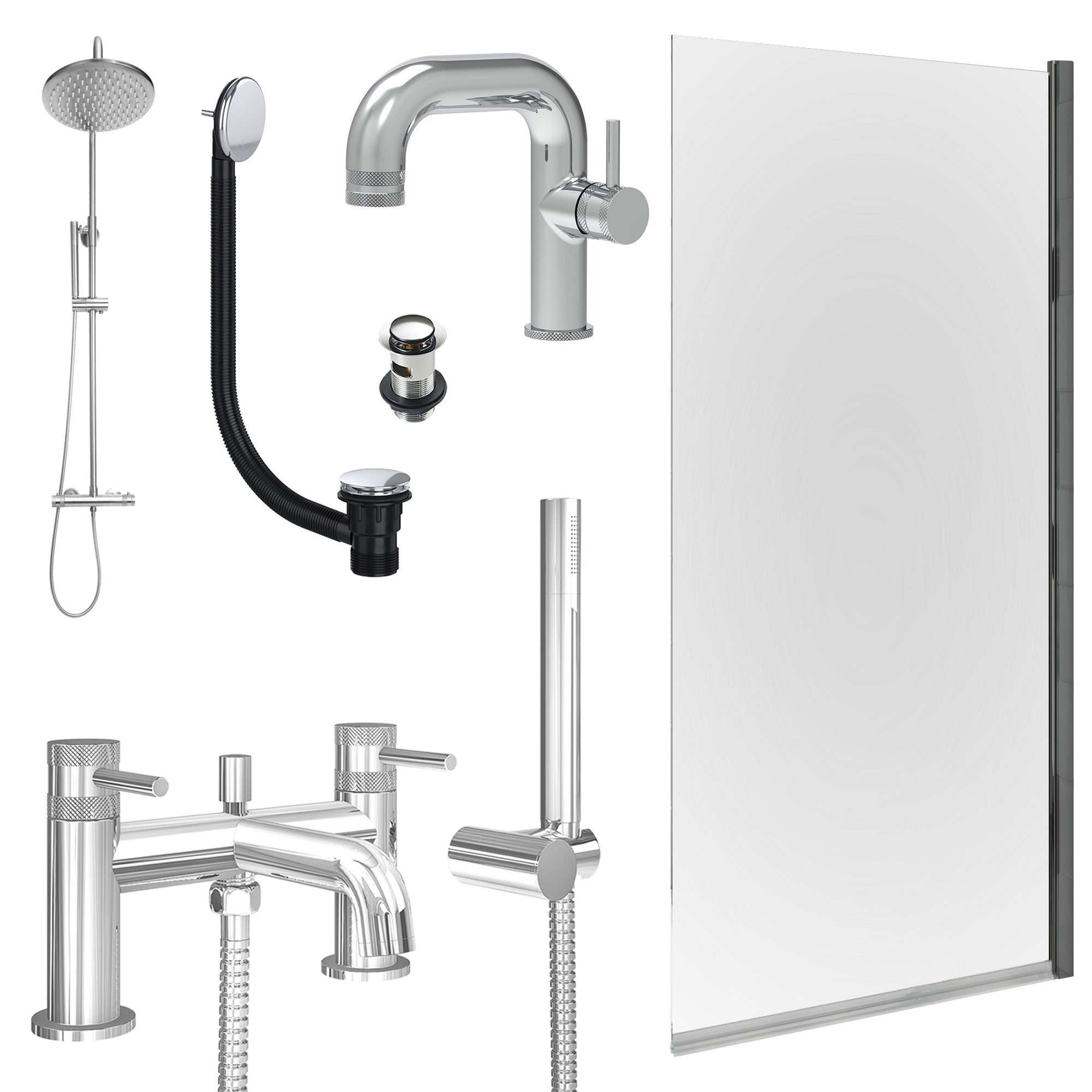 Chrome Side Lever Basin Mixer Tap, Bath Shower Mixer and Rigid Shower with Slotted Basin and Bath Waste and Edge Bath Screen