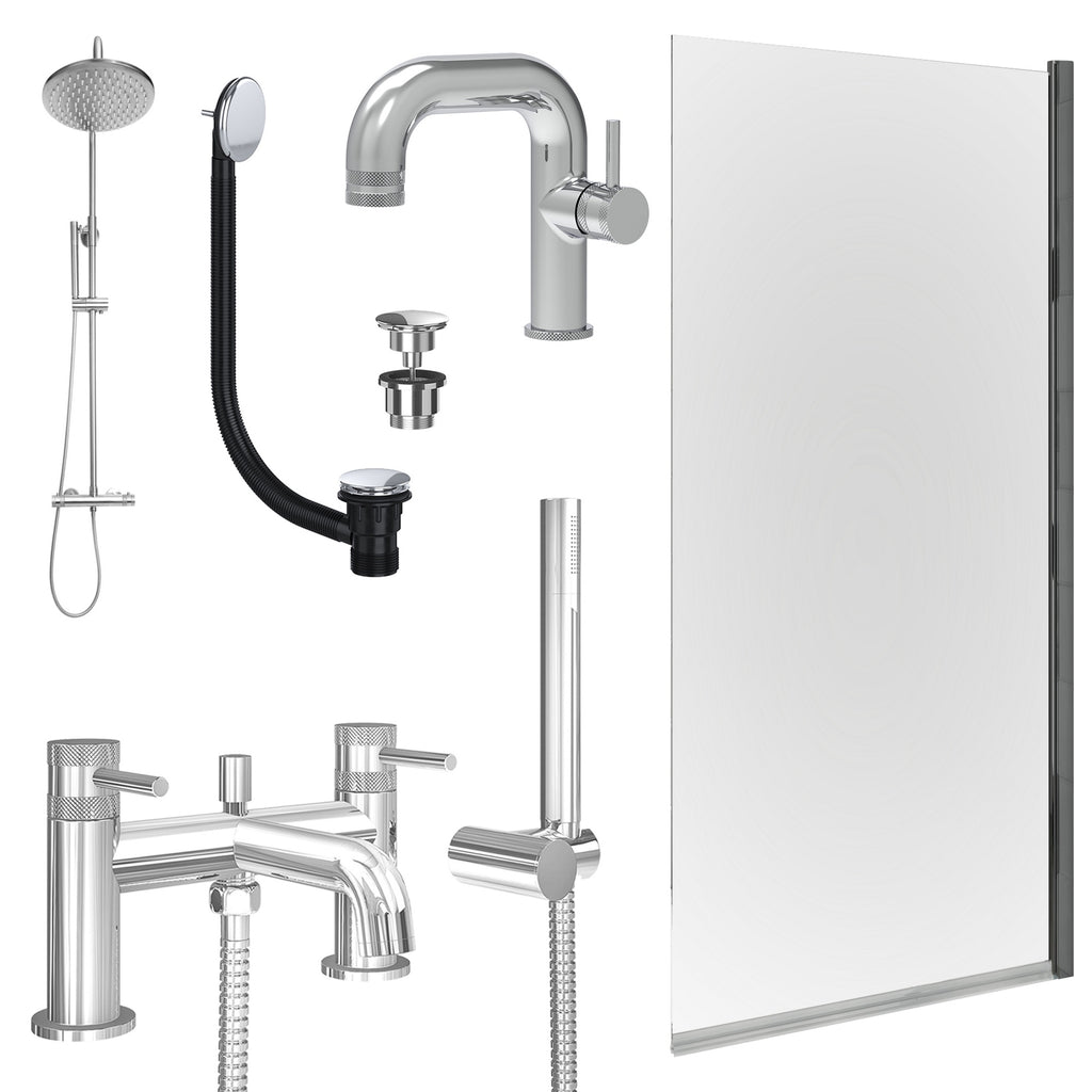 Chrome Side Lever Basin Mixer Tap, Bath Shower Mixer and Rigid Shower with Universal Basin and Bath Waste and Edge Bath Screen
