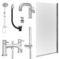 Chrome Side Lever Basin Mixer Tap, Bath Shower Mixer and Rigid Shower with Universal Basin and Bath Waste and Edge Bath Screen
