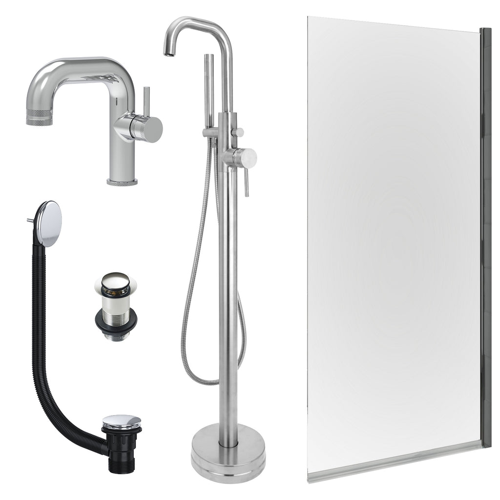 Chrome Side Lever Basin Mixer Tap, Freestanding Bath Shower Mixer and Unslotted Basin and Bath Waste and Edge Bath Screen