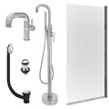 Chrome Side Lever Basin Mixer Tap, Freestanding Bath Shower Mixer and Unslotted Basin and Bath Waste and Edge Bath Screen