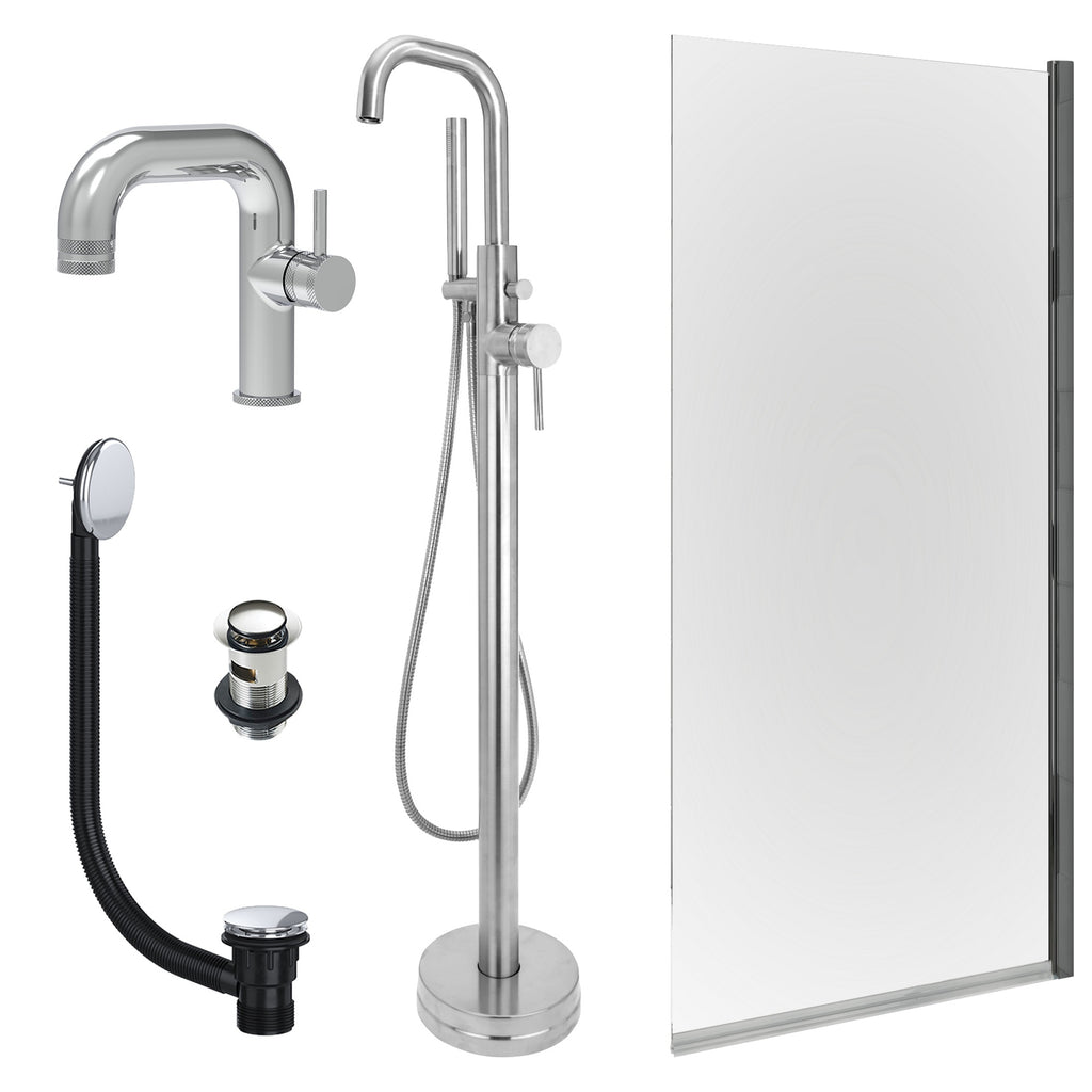 Chrome Side Lever Basin Mixer Tap, Freestanding Bath Shower Mixer and Slotted Basin and Bath Waste and Edge Bath Screen
