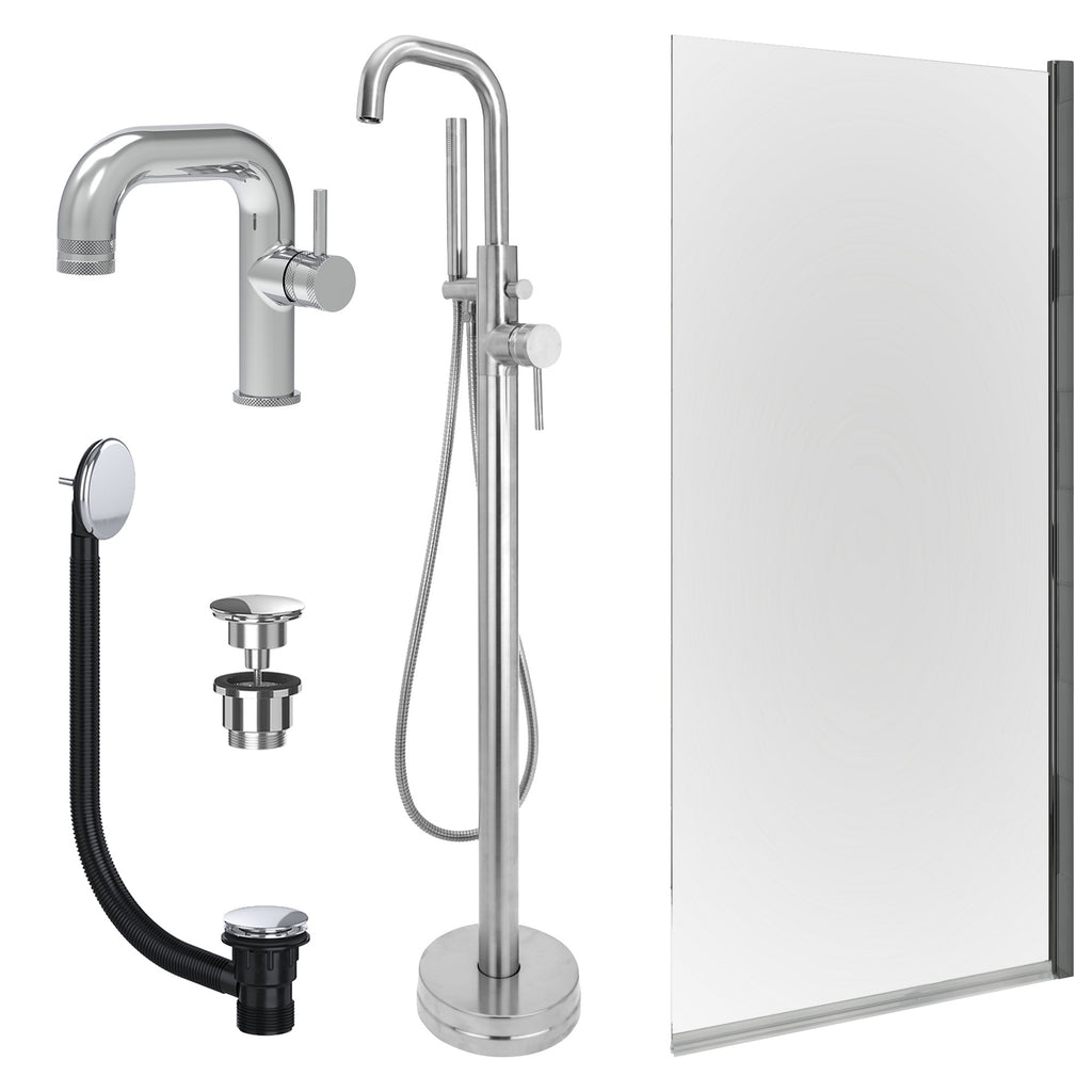 Chrome Side Lever Basin Mixer Tap, Freestanding Bath Shower Mixer and Universal Basin and Bath Waste and Edge Bath Screen