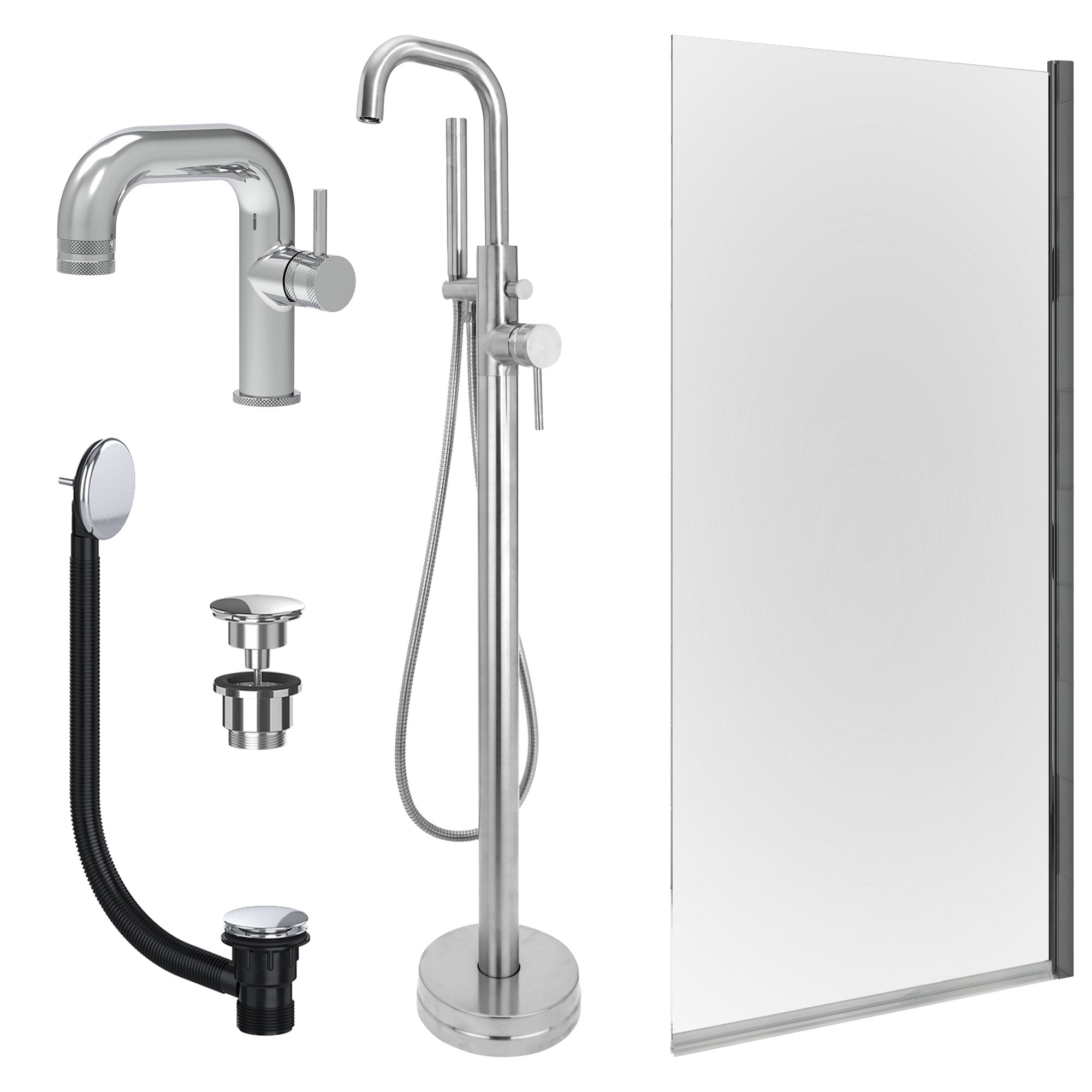 Chrome Side Lever Basin Mixer Tap, Freestanding Bath Shower Mixer and Universal Basin and Bath Waste and Edge Bath Screen