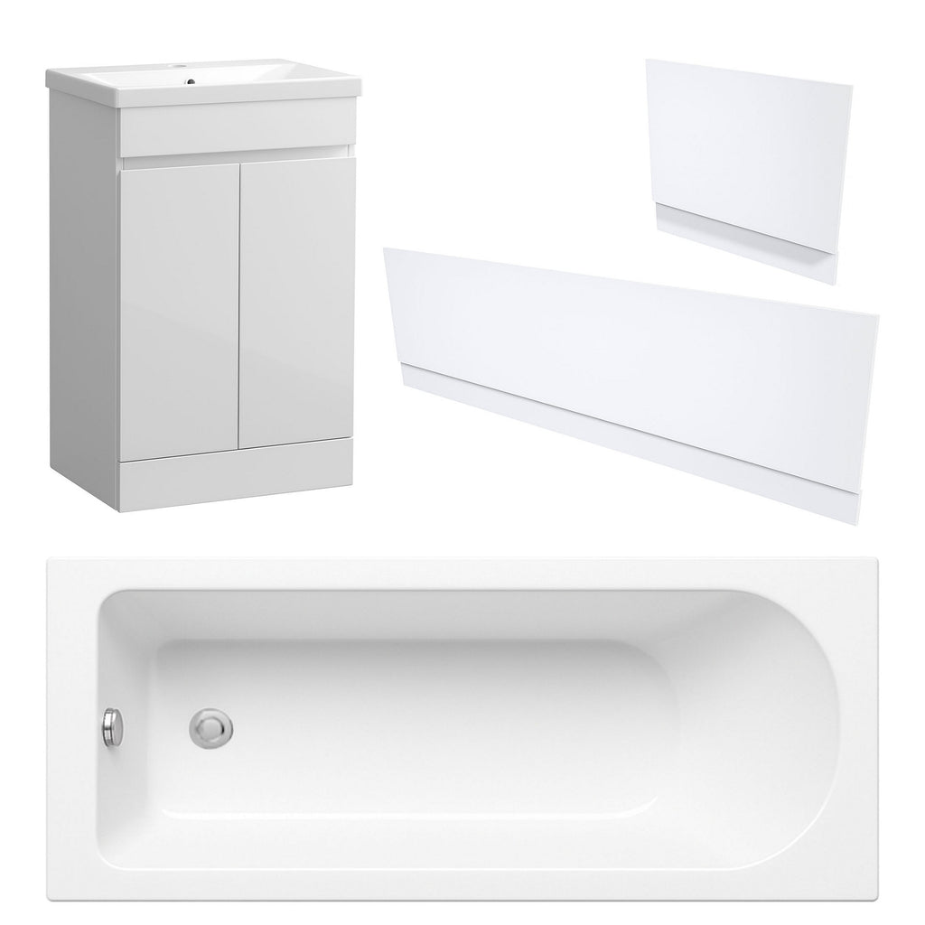 Waterproof 500mm Vanity Unit with Single Ended Bath and Waterproof Front & End Panel Set - Gloss White