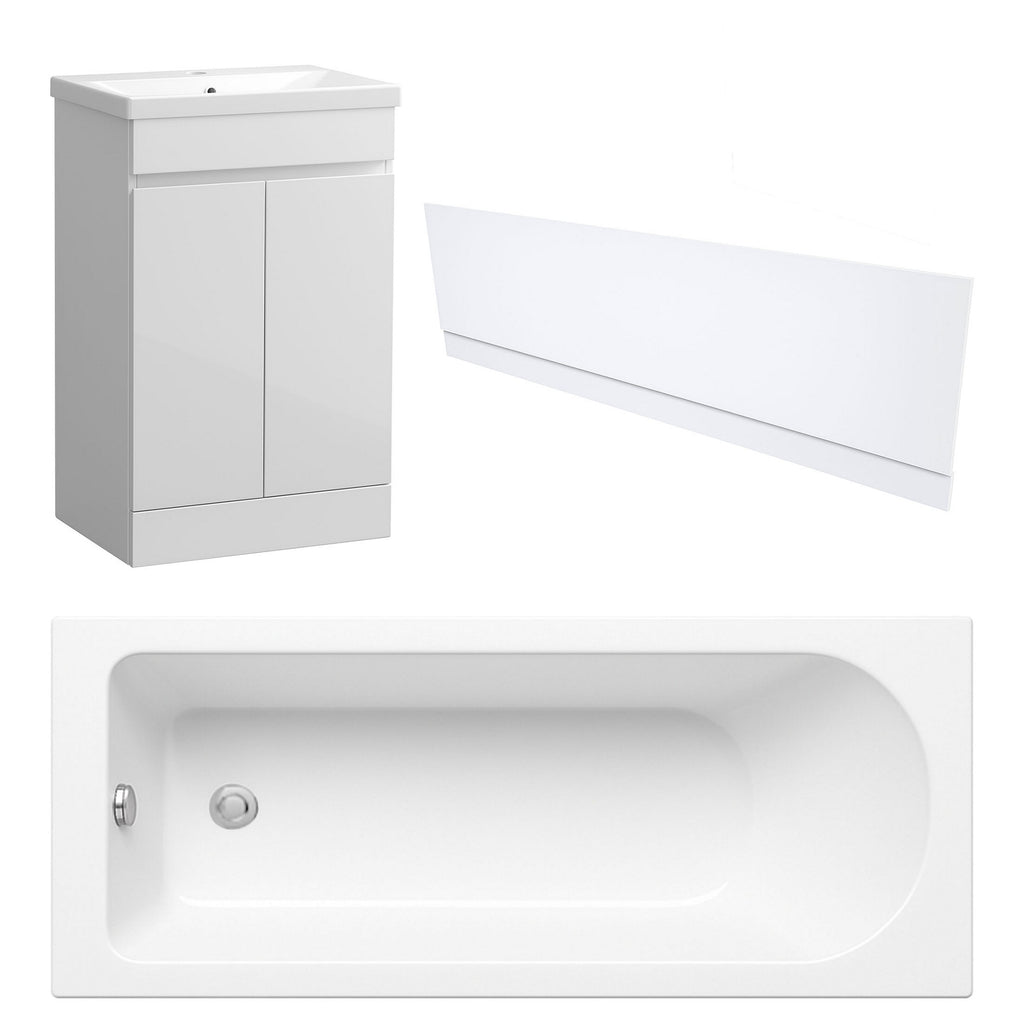 Waterproof 500mm Vanity Unit with Single Ended Bath and Waterproof Front Panel - Gloss White