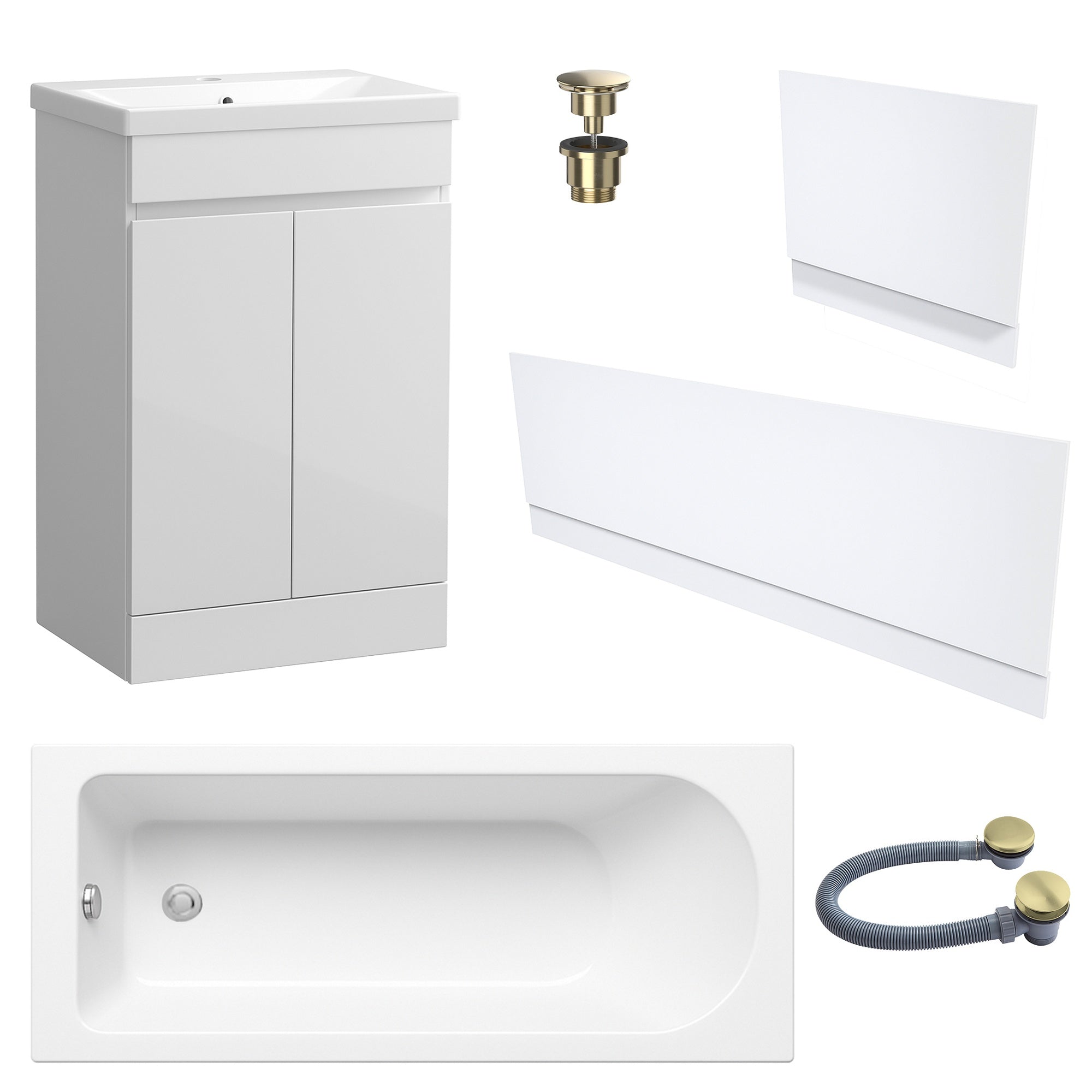 Waterproof 500mm Vanity Unit with Single Ended Bath Gloss White Panel Set Brushed Brass Bath & Universal Basin Waste