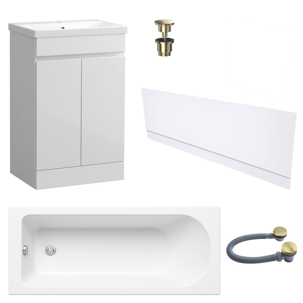 Waterproof 500mm Vanity Unit with Single Ended Bath Gloss White Front Panel Brushed Brass Bath & Universal Basin Waste Set