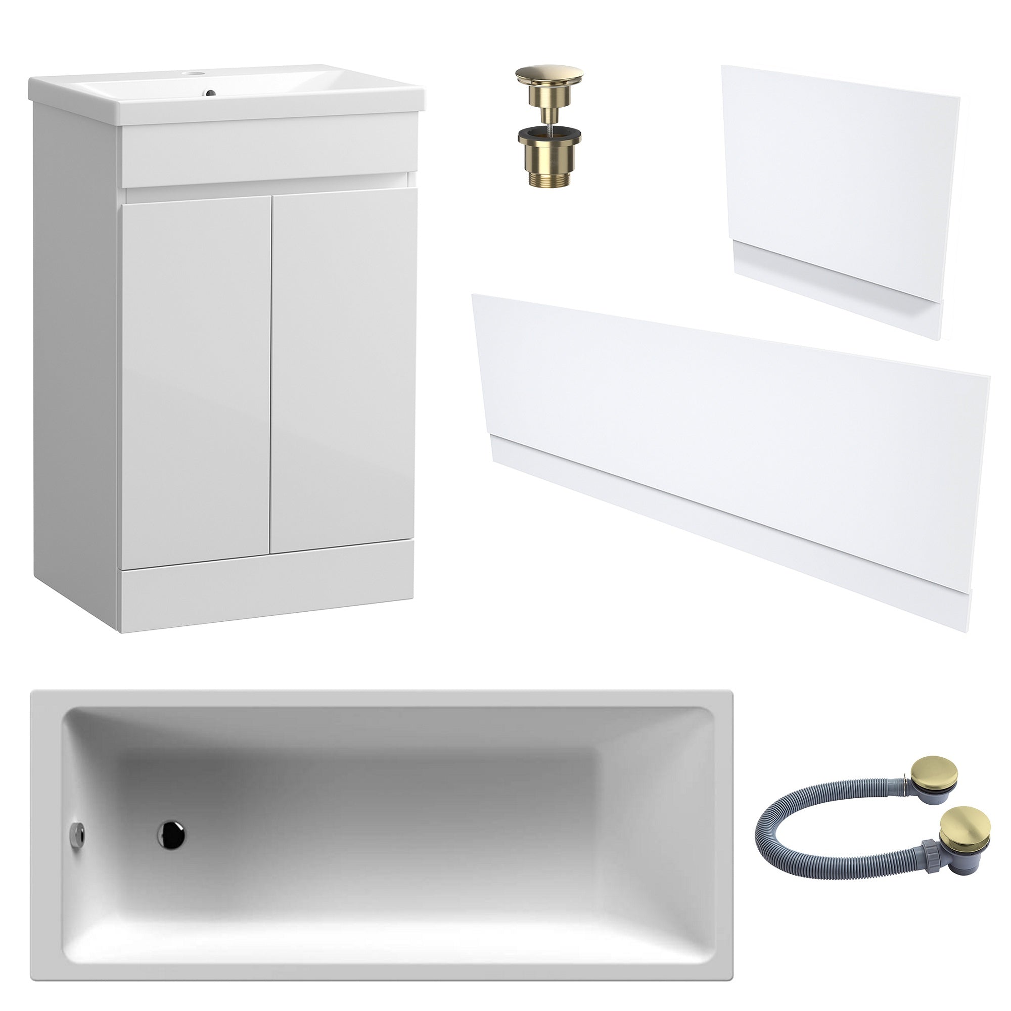 Waterproof 500mm Vanity Unit with Single Ended Bath Gloss White Panel Set Brushed Brass Bath & Universal Basin Waste