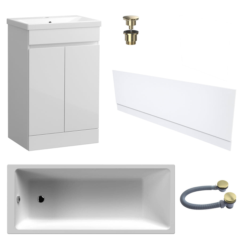 Waterproof 500mm Vanity Unit with Single Ended Bath Gloss White Front Panel Brushed Brass Bath & Universal Basin Waste Set