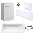 Waterproof 500mm Vanity Unit with Single Ended Bath Gloss White Panel Set Brushed Brass Bath & Slotted Basin Waste