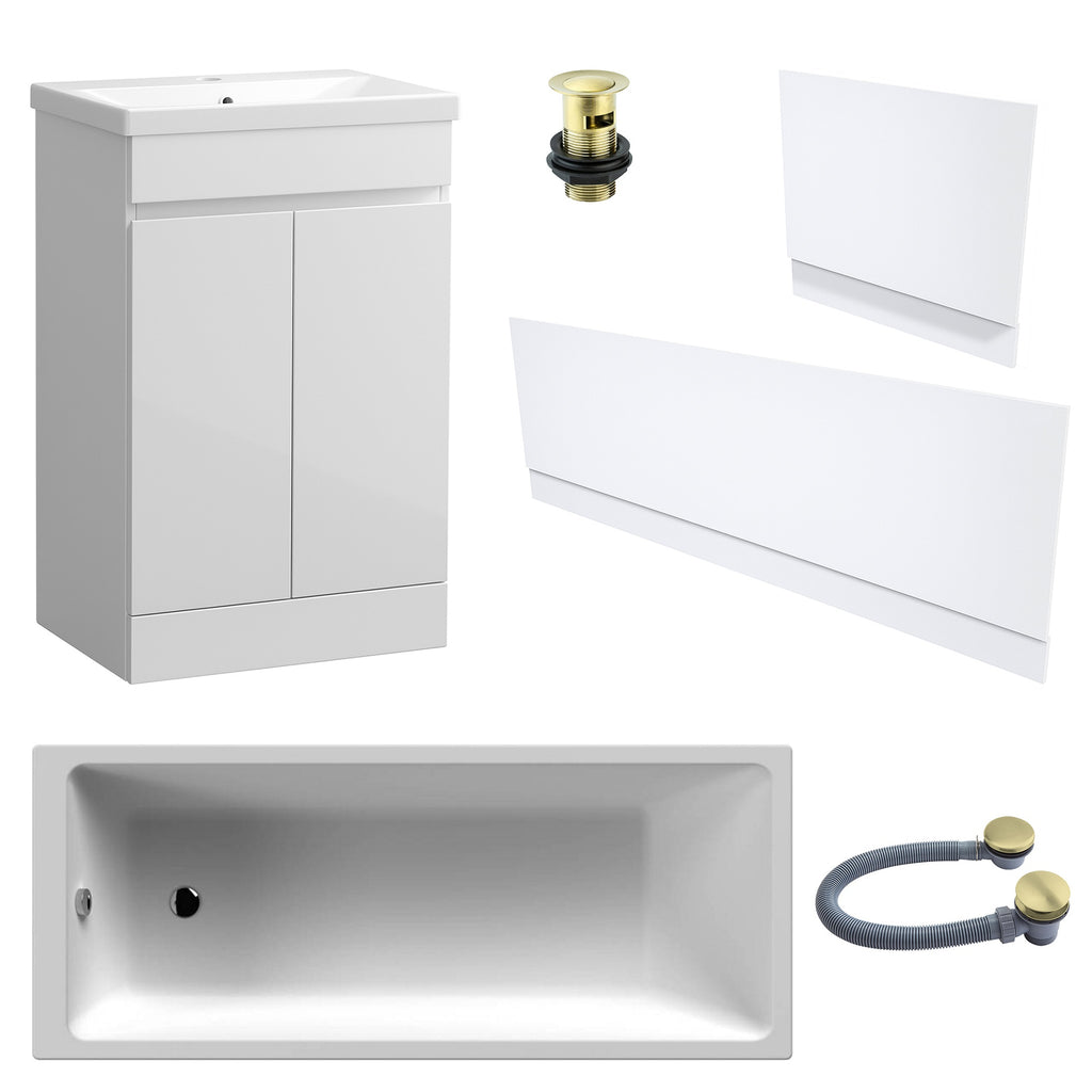 Waterproof 500mm Vanity Unit with Single Ended Bath Gloss White Panel Set Brushed Brass Bath & Slotted Basin Waste
