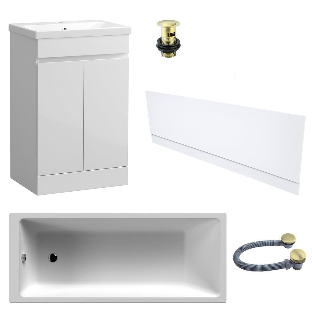 Waterproof 500mm Vanity Unit with Single Ended Bath Gloss White Front Panel Brushed Brass Bath & Slotted Basin Waste Set