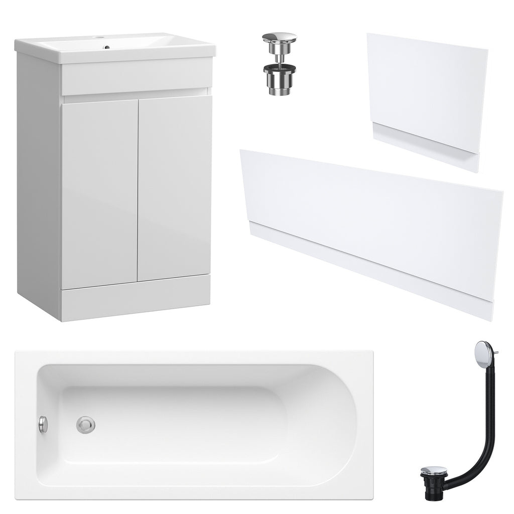 Waterproof 500mm Vanity Unit with Single Ended Bath Gloss White Panel Set Chrome Bath & Universal Basin Waste