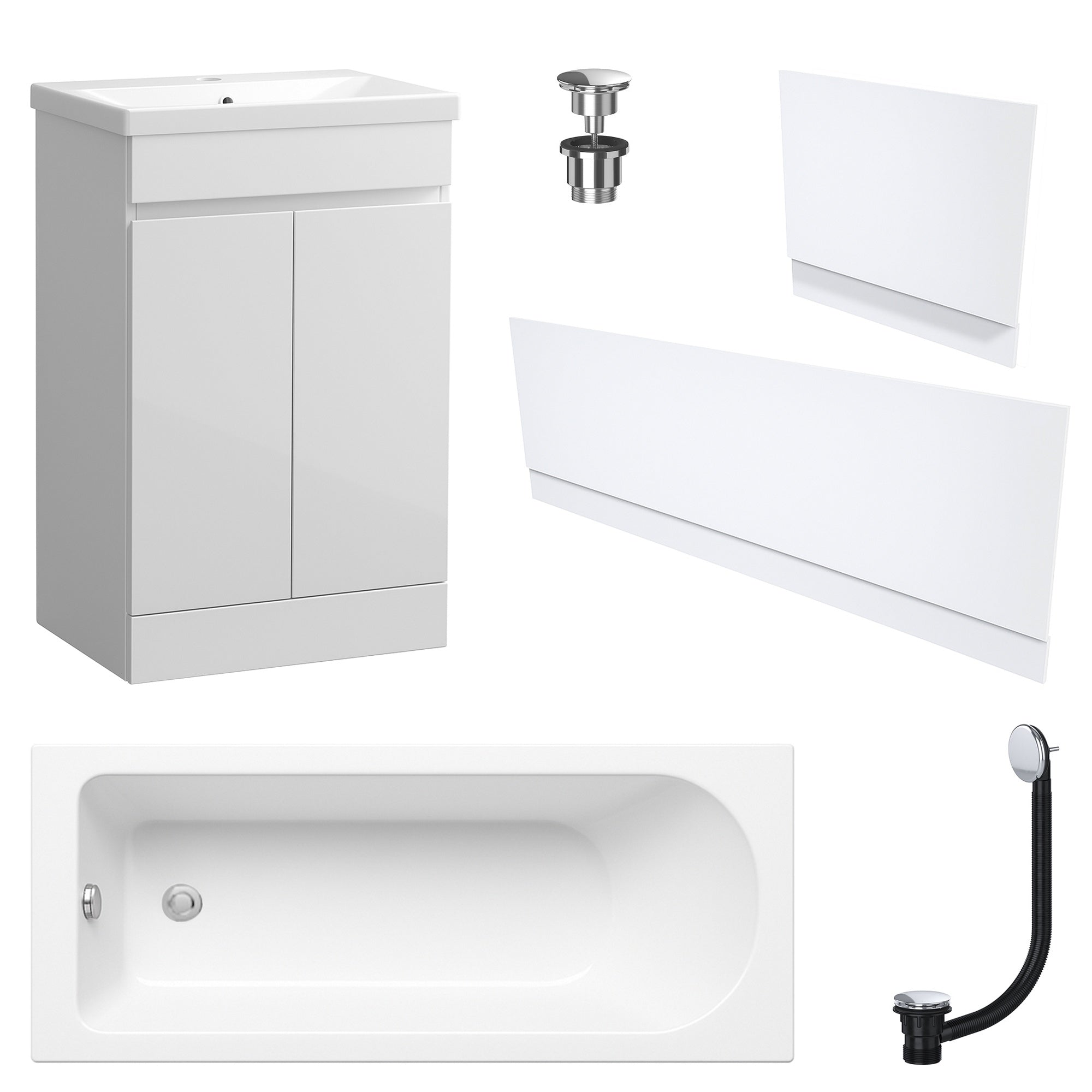Waterproof 500mm Vanity Unit with Single Ended Bath Gloss White Panel Set Chrome Bath & Universal Basin Waste
