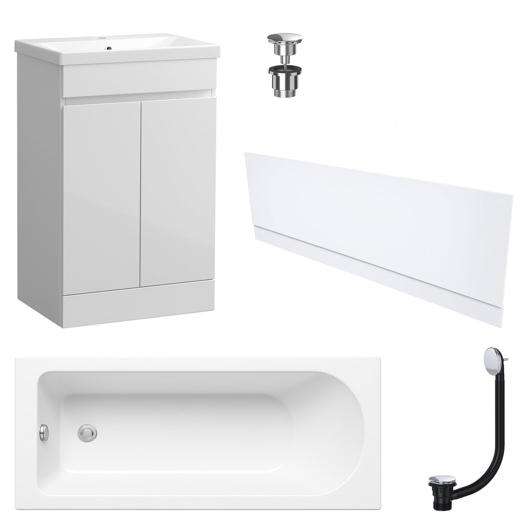 Waterproof 500mm Vanity Unit with Single Ended Bath Gloss White Front Panel Chrome Bath & Universal Basin Waste Set