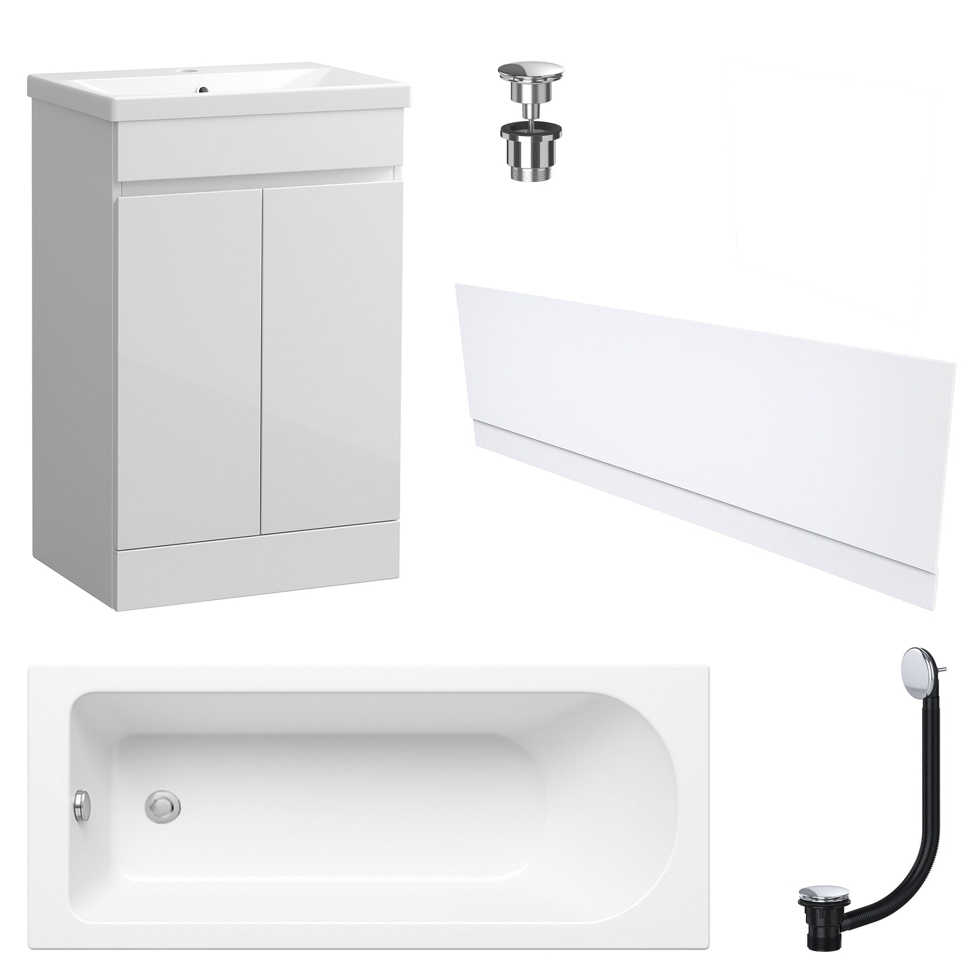 Waterproof 500mm Vanity Unit with Single Ended Bath Gloss White Front Panel Chrome Bath & Universal Basin Waste Set
