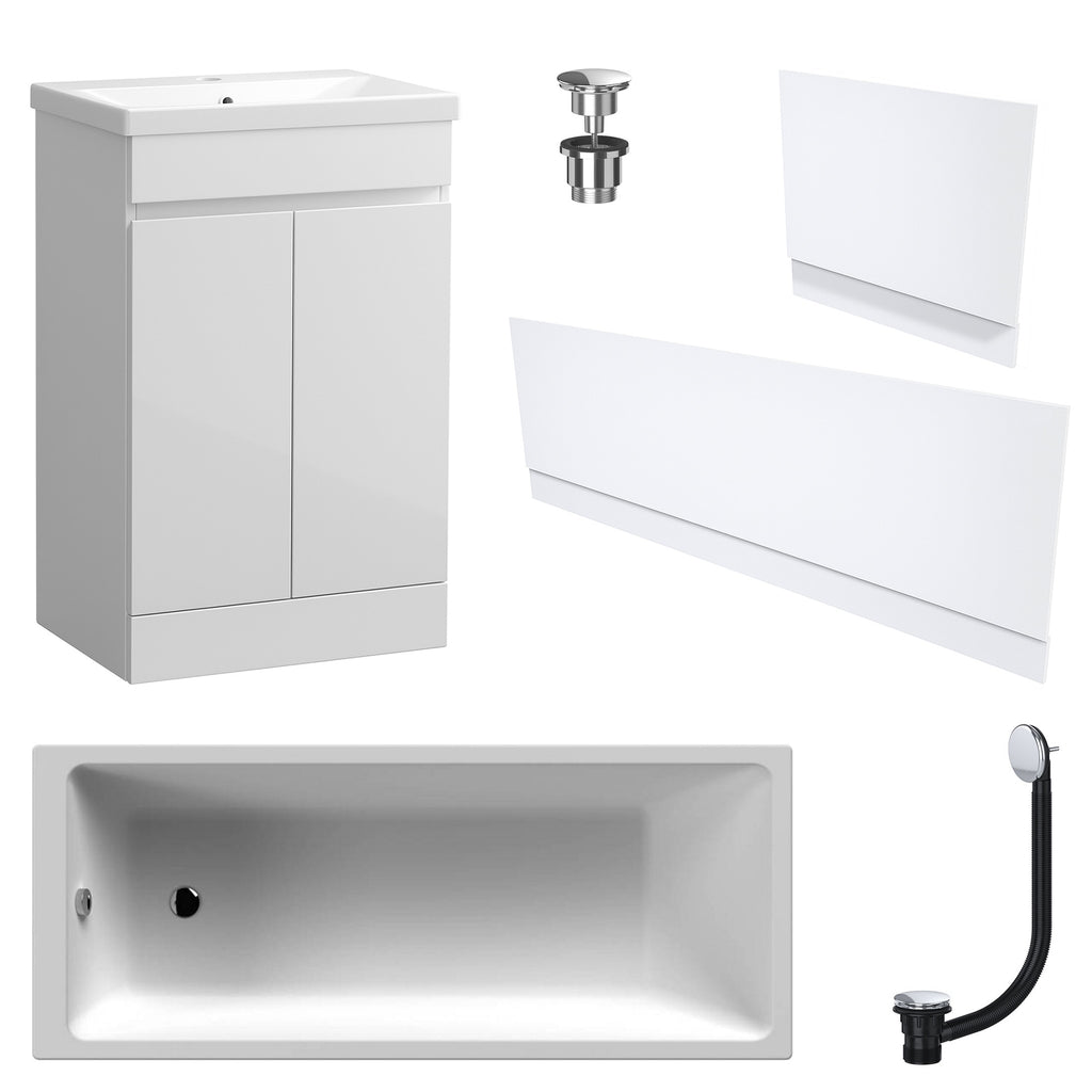 Waterproof 500mm Vanity Unit with Single Ended Bath Gloss White Panel Set Chrome Bath & Universal Basin Waste