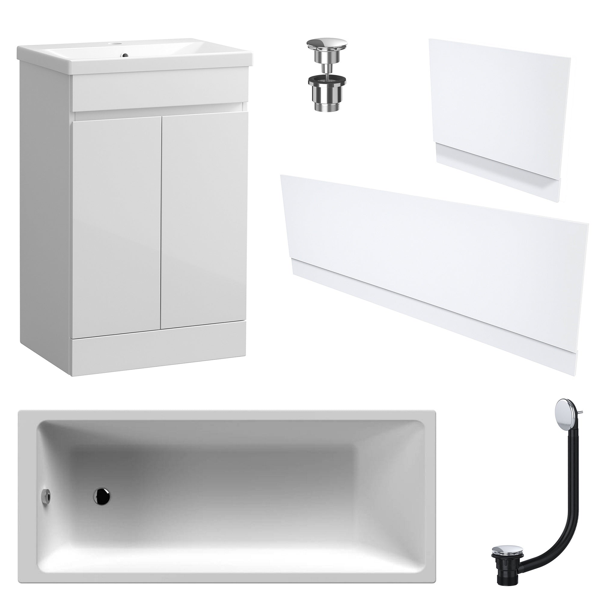 Waterproof 500mm Vanity Unit with Single Ended Bath Gloss White Panel Set Chrome Bath & Universal Basin Waste