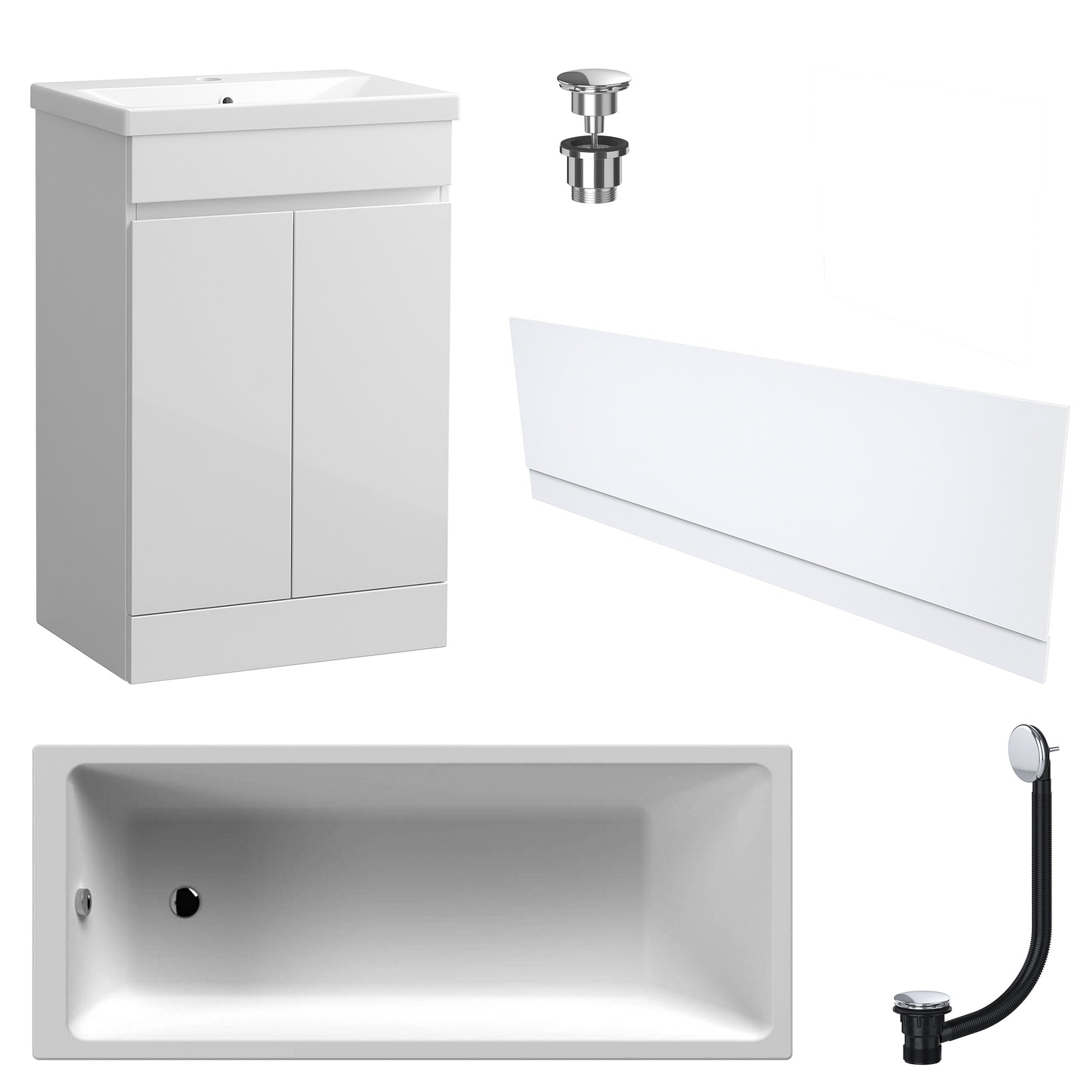 Waterproof 500mm Vanity Unit with Single Ended Bath Gloss White Front Panel Chrome Bath & Universal Basin Waste Set