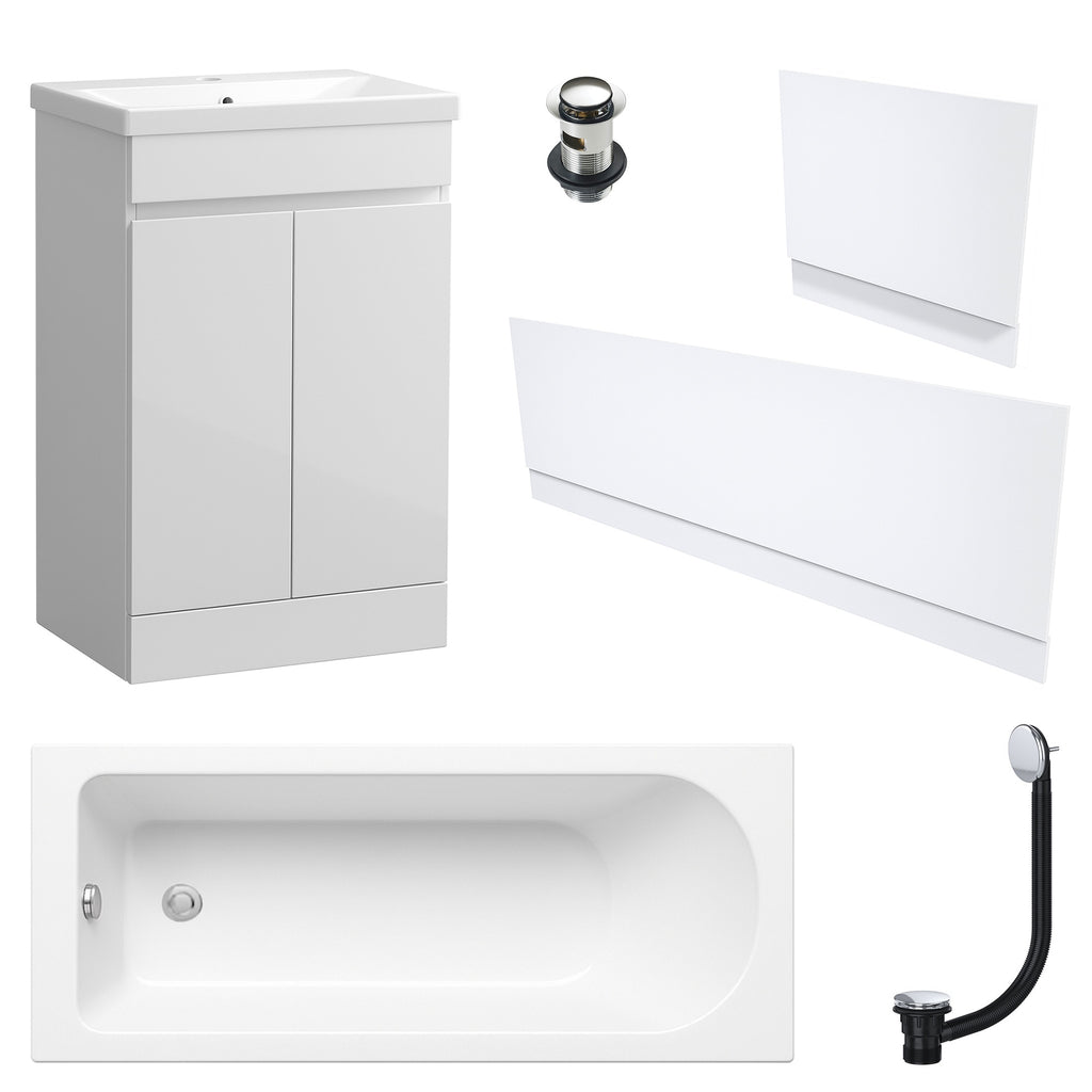 Waterproof 500mm Vanity Unit with Single Ended Bath Gloss White Panel Set Chrome Bath & Slotted Basin Waste
