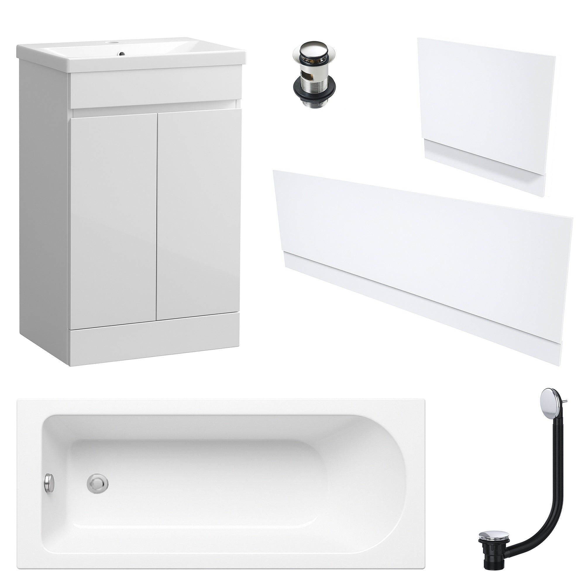 Waterproof 500mm Vanity Unit with Single Ended Bath Gloss White Panel Set Chrome Bath & Slotted Basin Waste