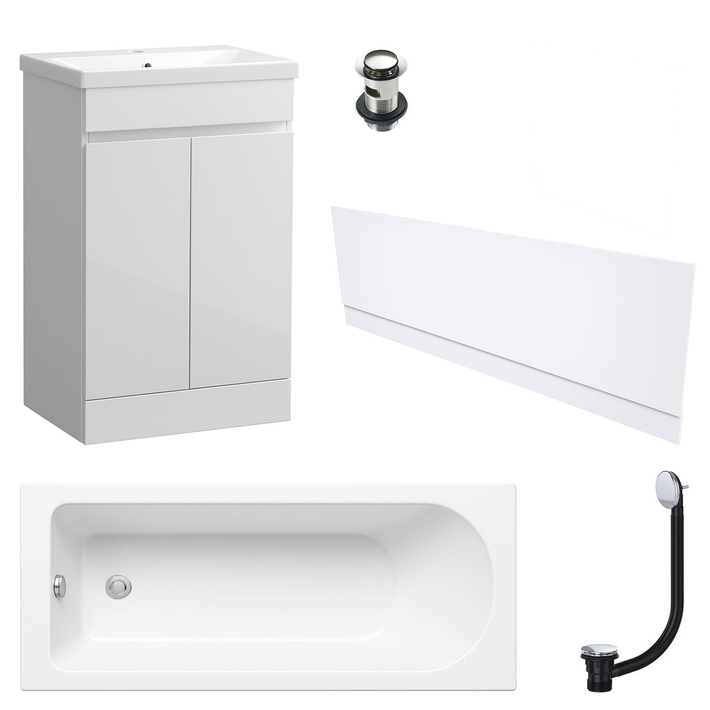 Waterproof 500mm Vanity Unit with Single Ended Bath Gloss White Front Panel Chrome Bath & Slotted Basin Waste Set