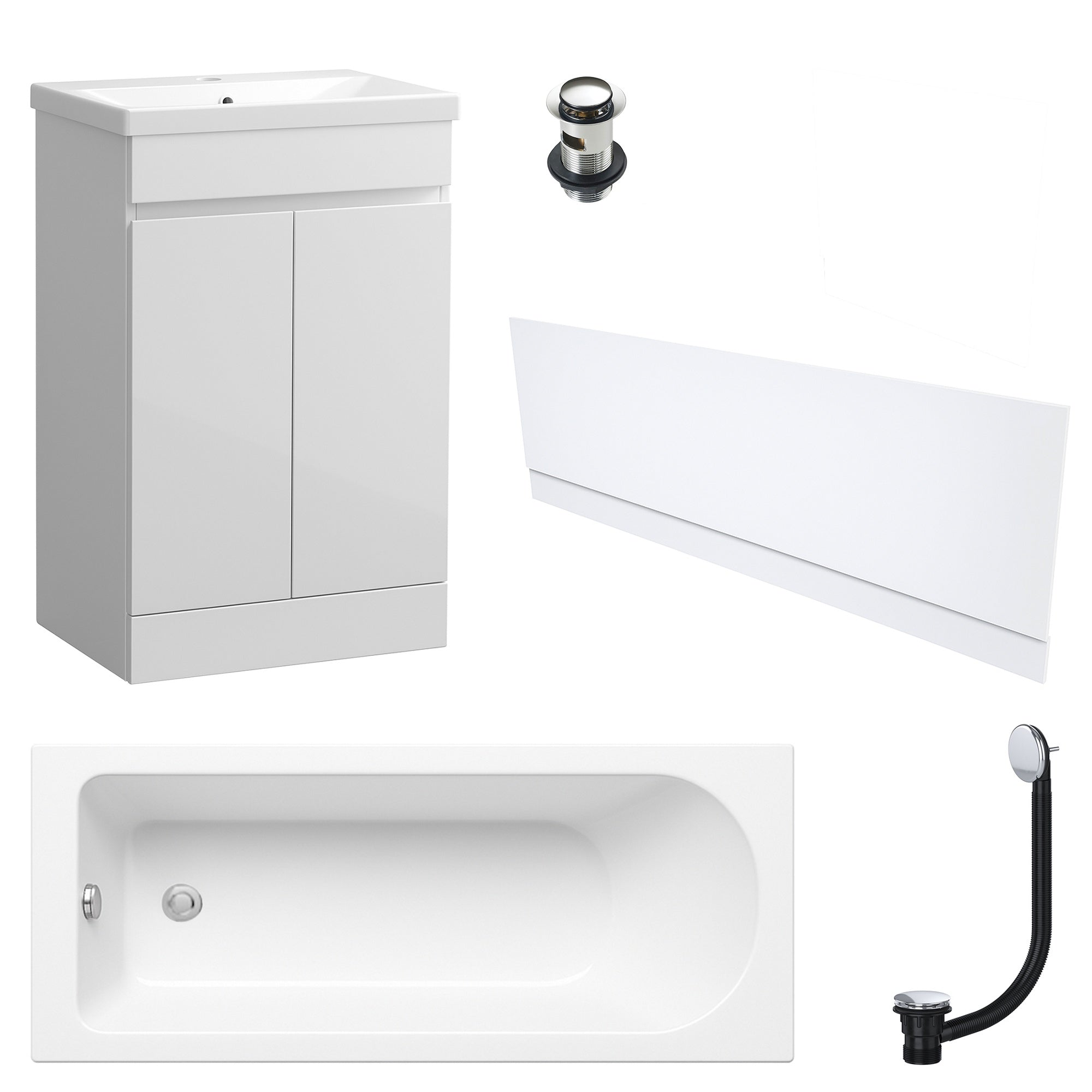 Waterproof 500mm Vanity Unit with Single Ended Bath Gloss White Front Panel Chrome Bath & Slotted Basin Waste Set
