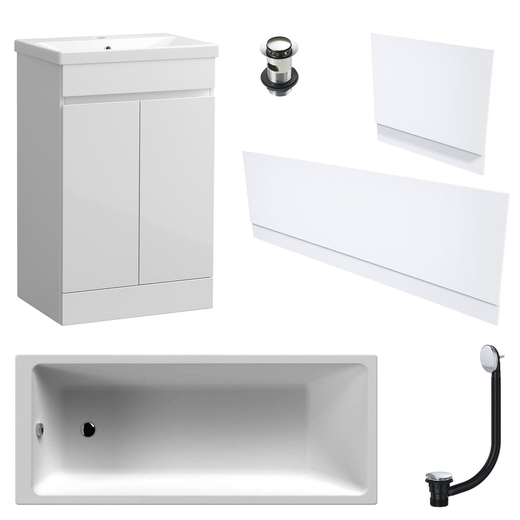 Waterproof 500mm Vanity Unit with Single Ended Bath Gloss White Panel Set Chrome Bath & Slotted Basin Waste