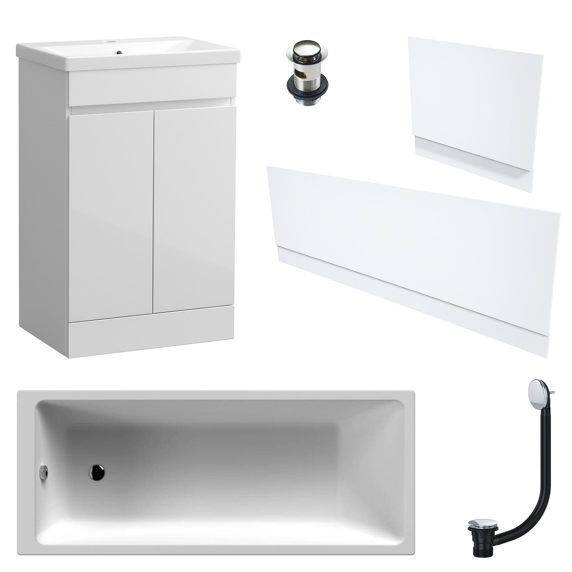 Waterproof 500mm Vanity Unit with Single Ended Bath Gloss White Panel Set Chrome Bath & Slotted Basin Waste
