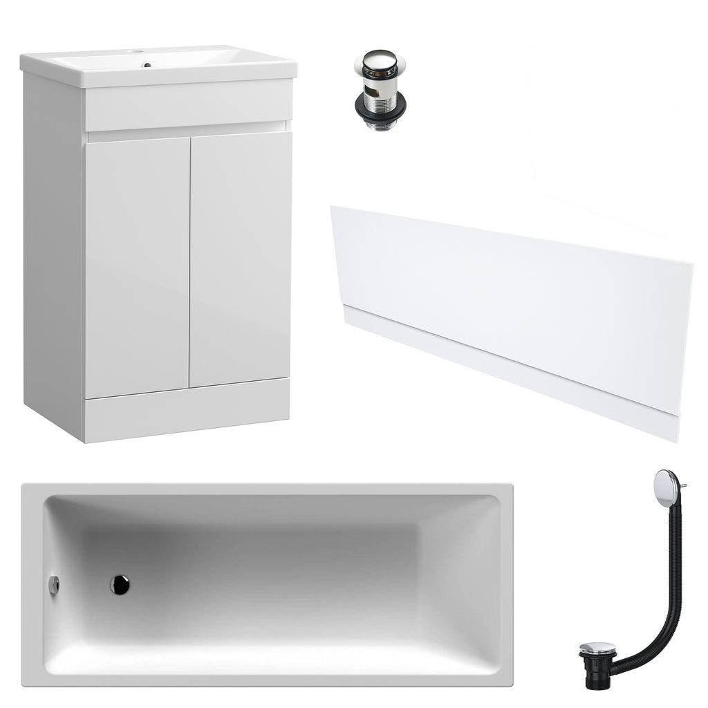 Waterproof 500mm Vanity Unit with Single Ended Bath Gloss White Front Panel Chrome Bath & Slotted Basin Waste Set