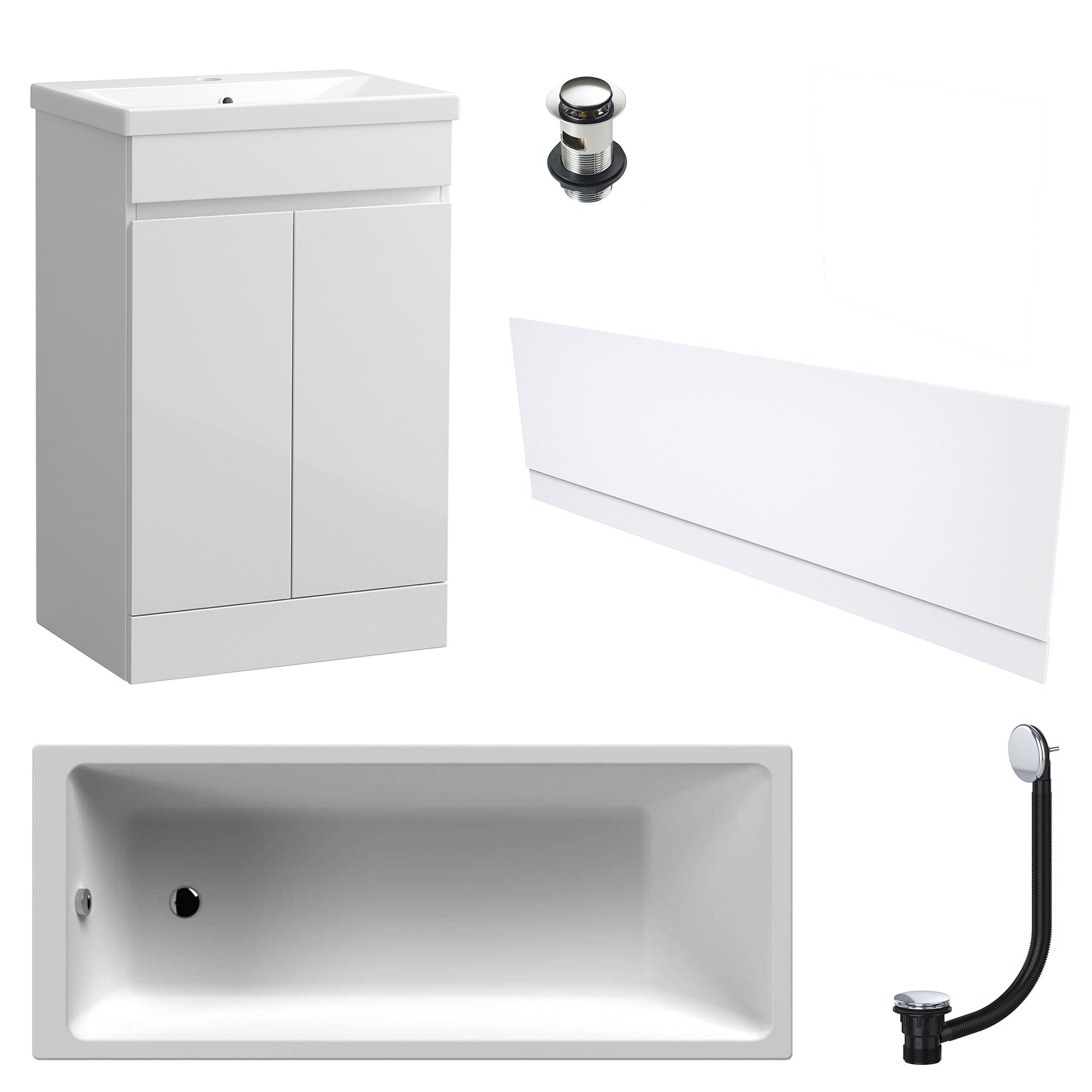 Waterproof 500mm Vanity Unit with Single Ended Bath Gloss White Front Panel Chrome Bath & Slotted Basin Waste Set