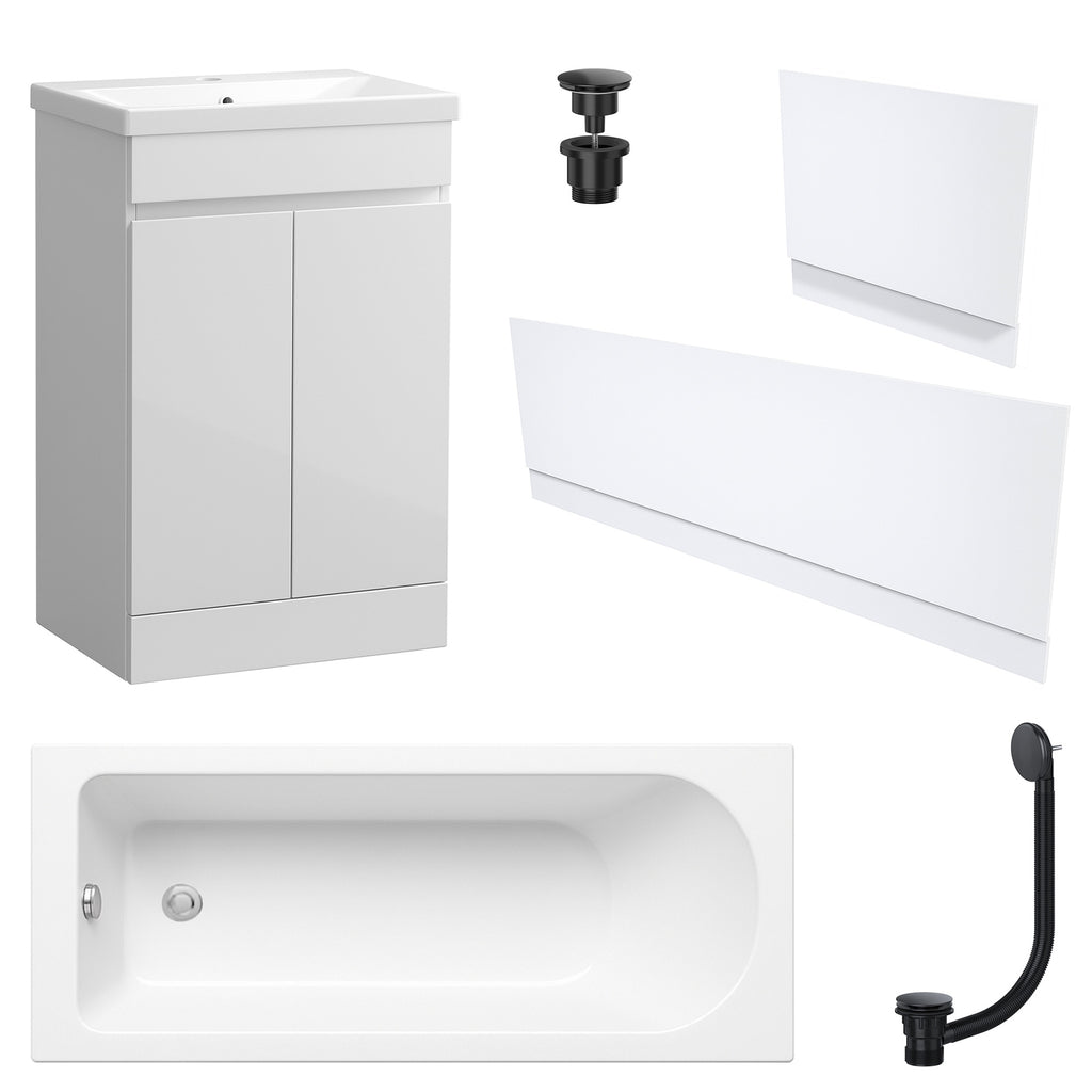 Waterproof 500mm Vanity Unit with Single Ended Bath Gloss White Panel Set Matt Black Bath & Universal Basin Waste