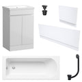 Waterproof 500mm Vanity Unit with Single Ended Bath Gloss White Panel Set Matt Black Bath & Universal Basin Waste